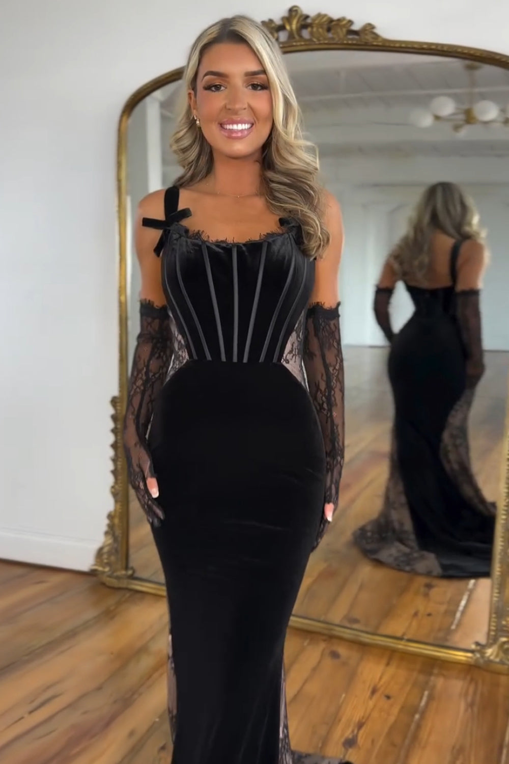 Spaghetti Straps Mermaid Velvet Long Corset Prom Dress  (Gloves are not included)