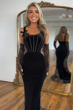 Spaghetti Straps Mermaid Velvet Long Corset Prom Dress  (Gloves are not included)