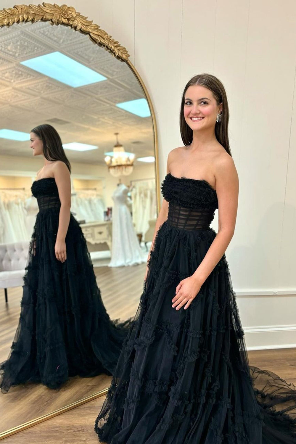 Strapless A-Line Tulle Long Corset Prom Dress