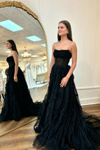 Strapless A-Line Tulle Long Corset Prom Dress