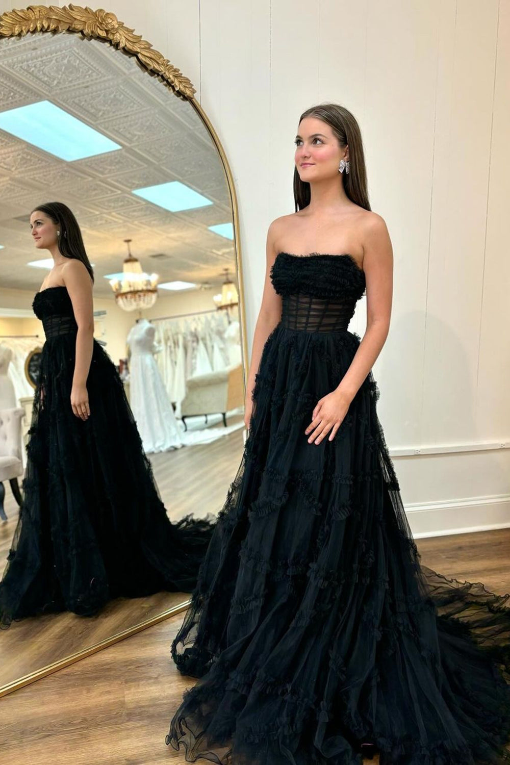 Strapless A-Line Tulle Long Corset Prom Dress