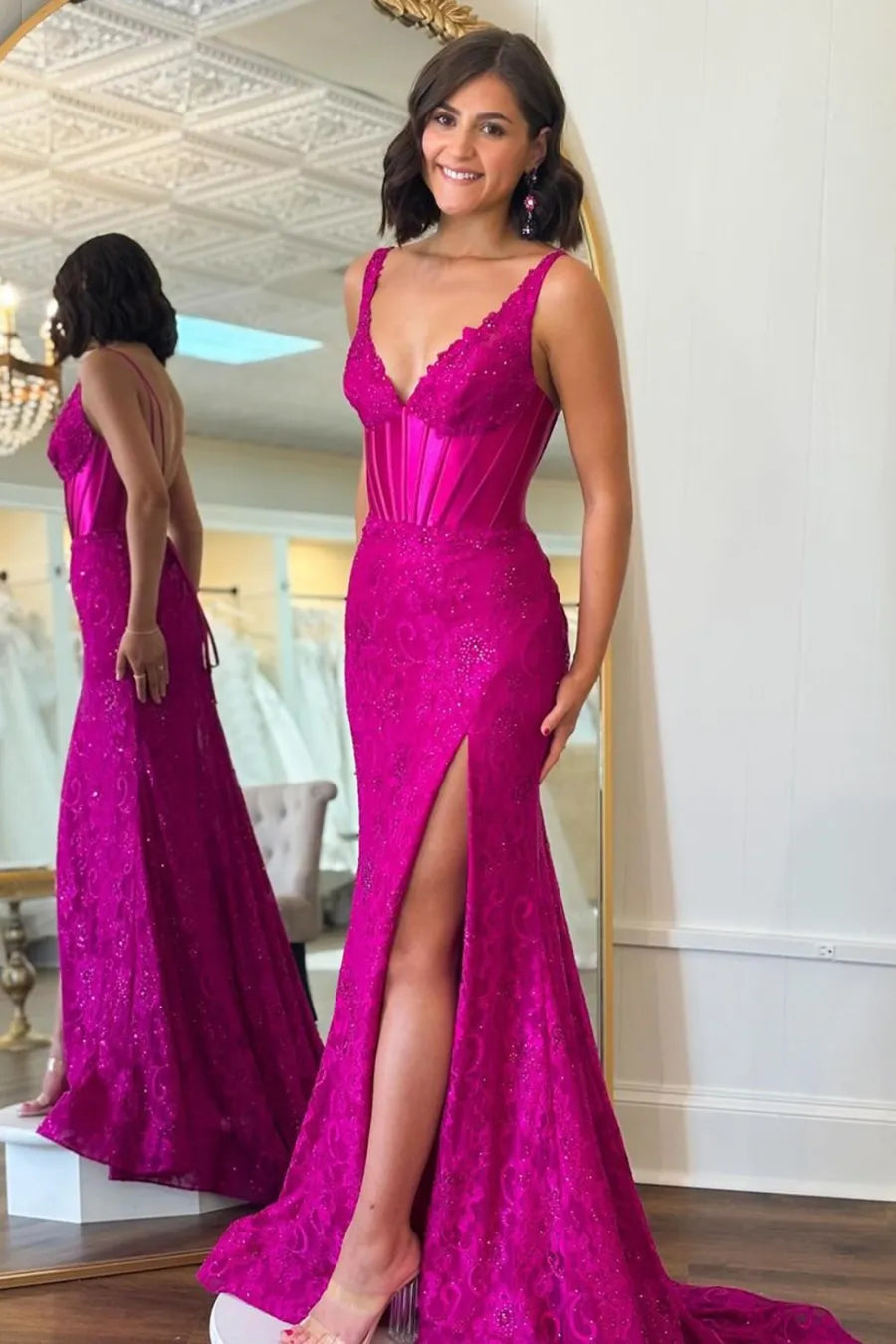 Spaghetti Straps Mermaid Lace Long Corset Prom Dress with Beading