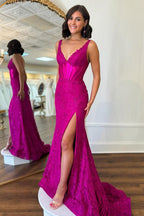 Spaghetti Straps Mermaid Lace Long Corset Prom Dress with Slit