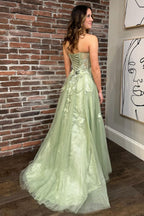 Sweetheart A-Line Tulle Long Corset Prom Dress with Appliques