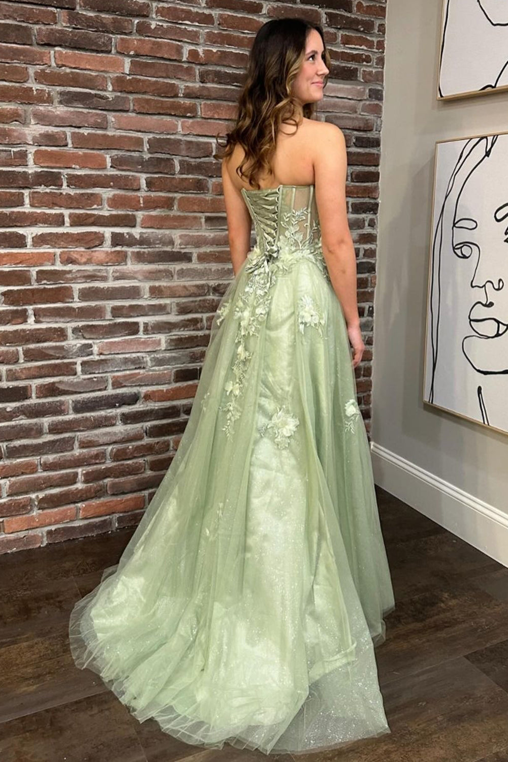Sweetheart A-Line Tulle Long Corset Prom Dress with Appliques