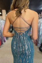 Sparkly Spaghetti Straps Mermaid Sequins Long Prom Dress with Slit