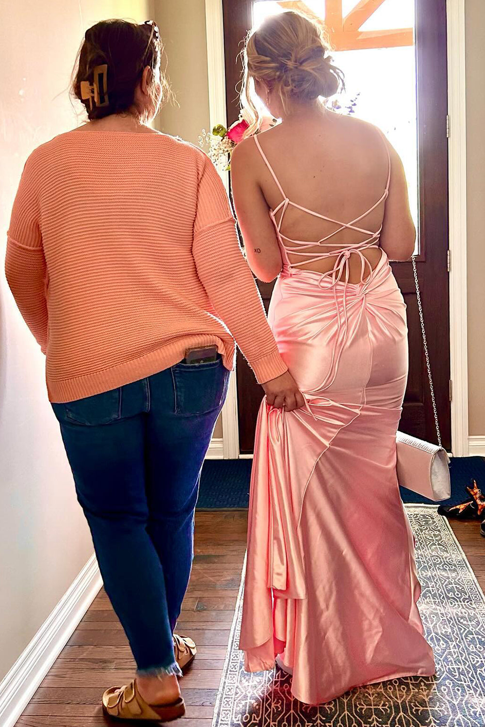 Spaghetti Straps Meramid Satin Long Prom Dress with Open Back