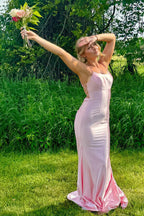 Spaghetti Straps Meramid Satin Long Prom Dress with Open Back