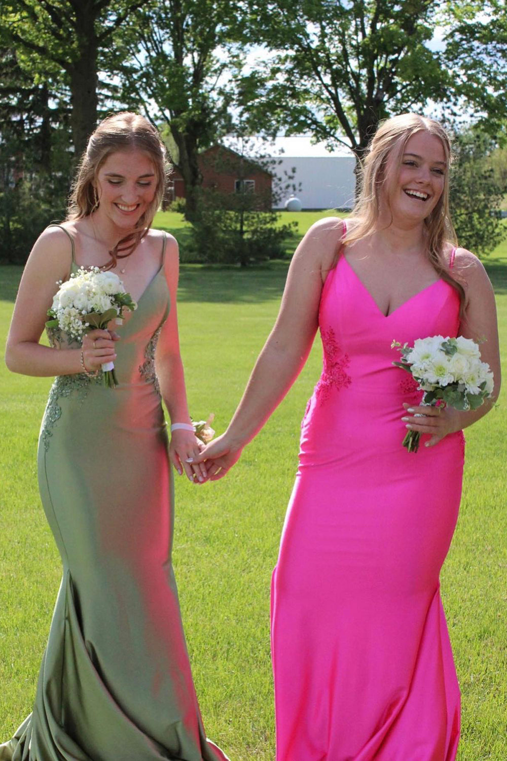 Spaghetti Straps Meramid Satin Long Prom Dress with Appliques