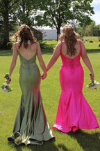 Spaghetti Straps Meramid Satin Long Prom Dress with Appliques