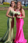 Spaghetti Straps Meramid Satin Long Prom Dress with Appliques