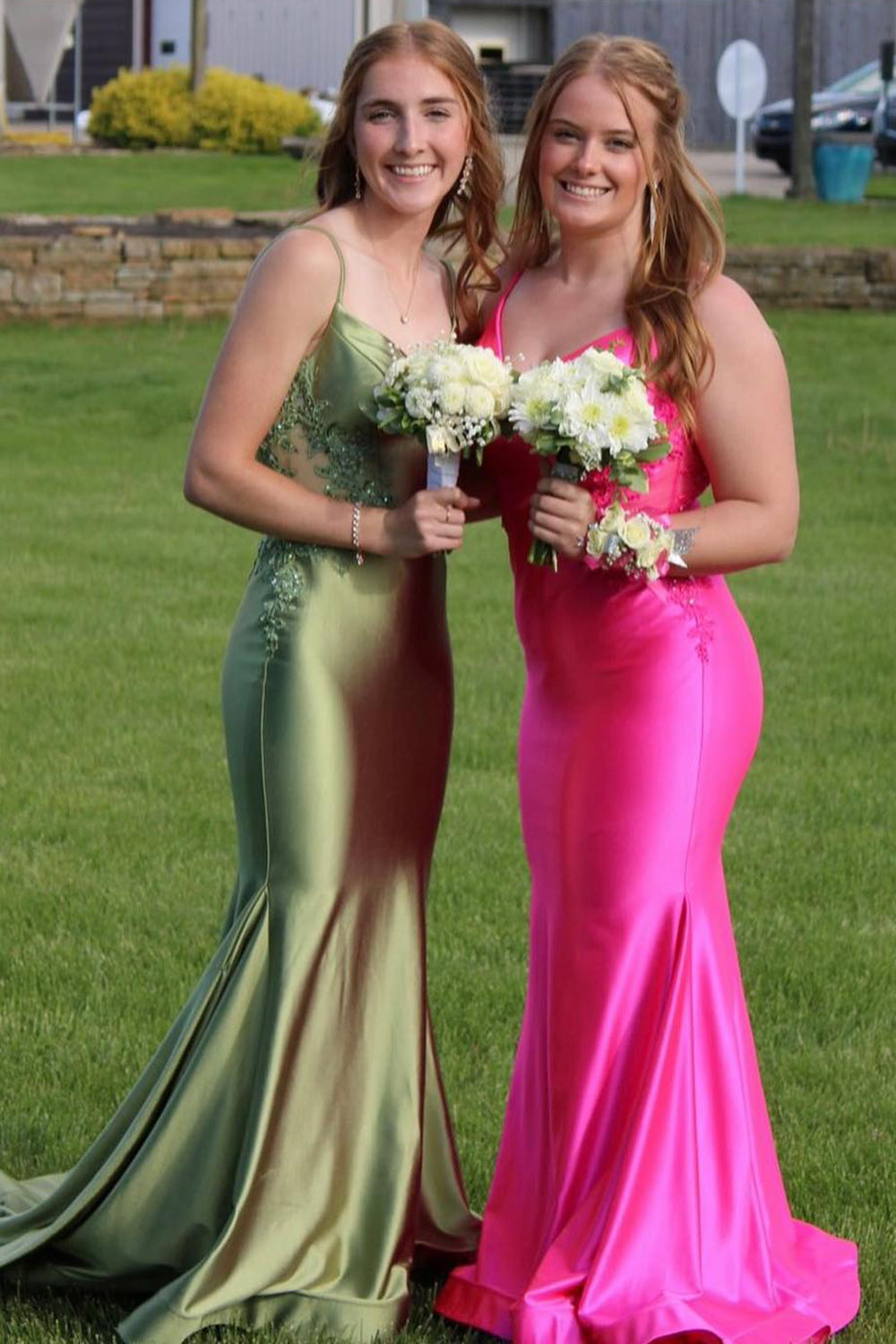 Spaghetti Straps Meramid Satin Long Prom Dress with Appliques