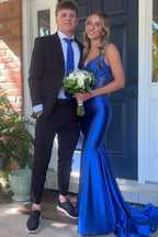 Spaghetti Straps Meramid Satin Long Prom Dress with Appliques
