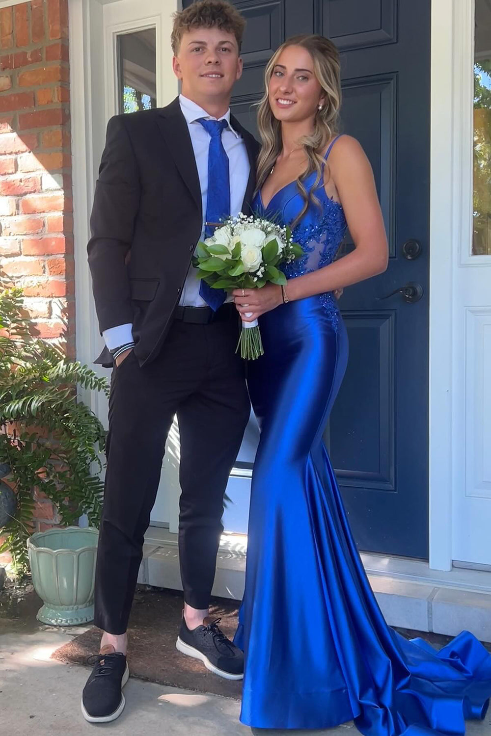 Spaghetti Straps Meramid Satin Long Prom Dress with Appliques