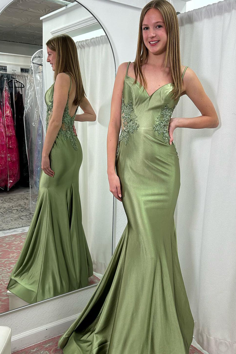 Spaghetti Straps Meramid Satin Long Prom Dress with Appliques