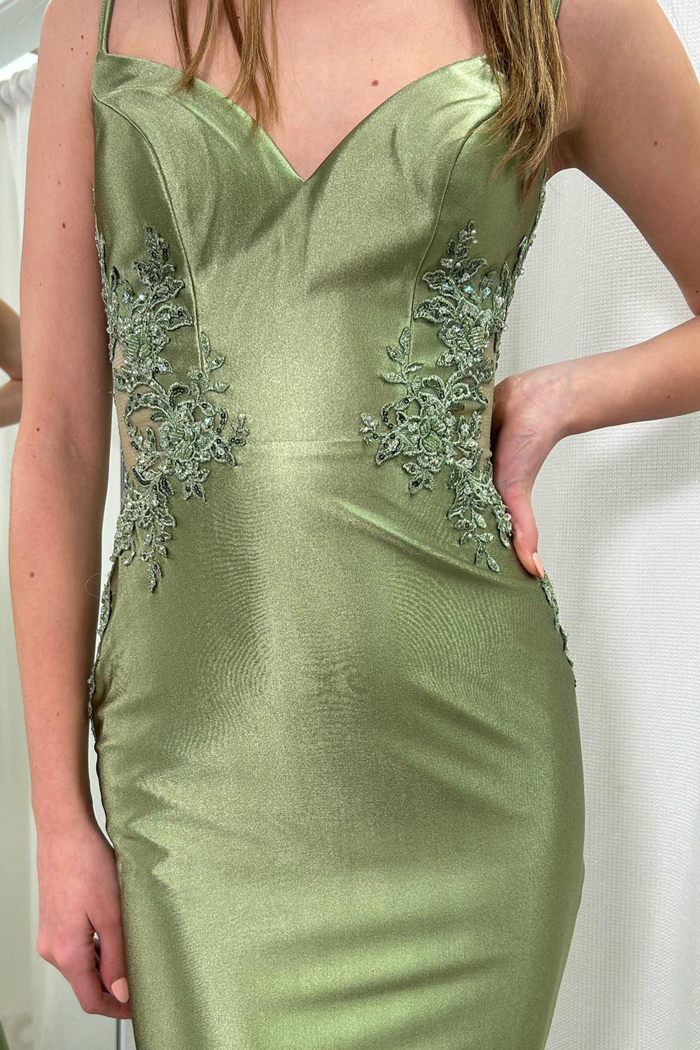 Spaghetti Straps Meramid Satin Long Prom Dress with Appliques