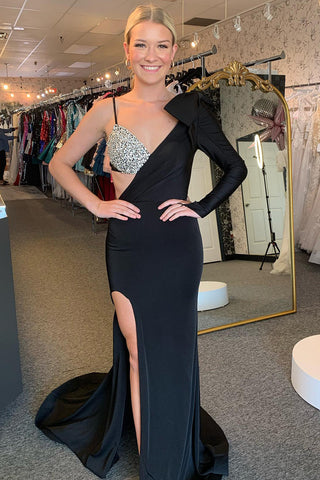 Robe de bal longue sirène à une manche ornée de perles