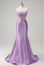 Purple Strapless Mermaid Satin Long Corset Prom Dress with Beading
