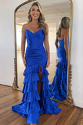 Royal Sweetheart Mermaid Satin Tiered Long Corset Prom Dress with Slit