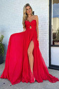 Trendy Sweetheart A-Line Chiffon Pleated Long Prom Dress with Slit