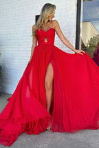 Trendy Sweetheart A-Line Chiffon Pleated Long Prom Dress with Slit