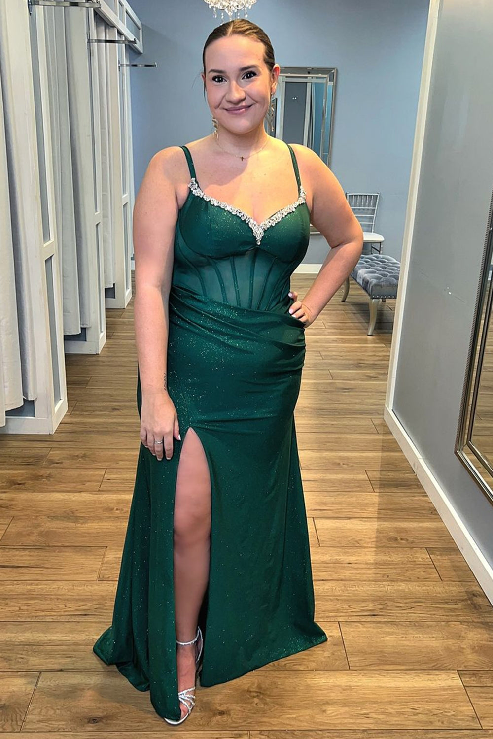 Sparkly Royal Spaghetti Straps Mermaid Long Corset Prom Dress with Beading