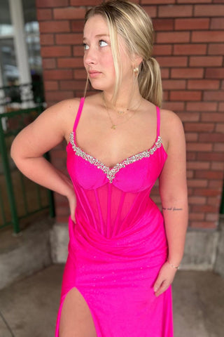 Vestido de fiesta largo de sirena con corsé, tirantes finos y lentejuelas, estilo real brillante, con pedrería.