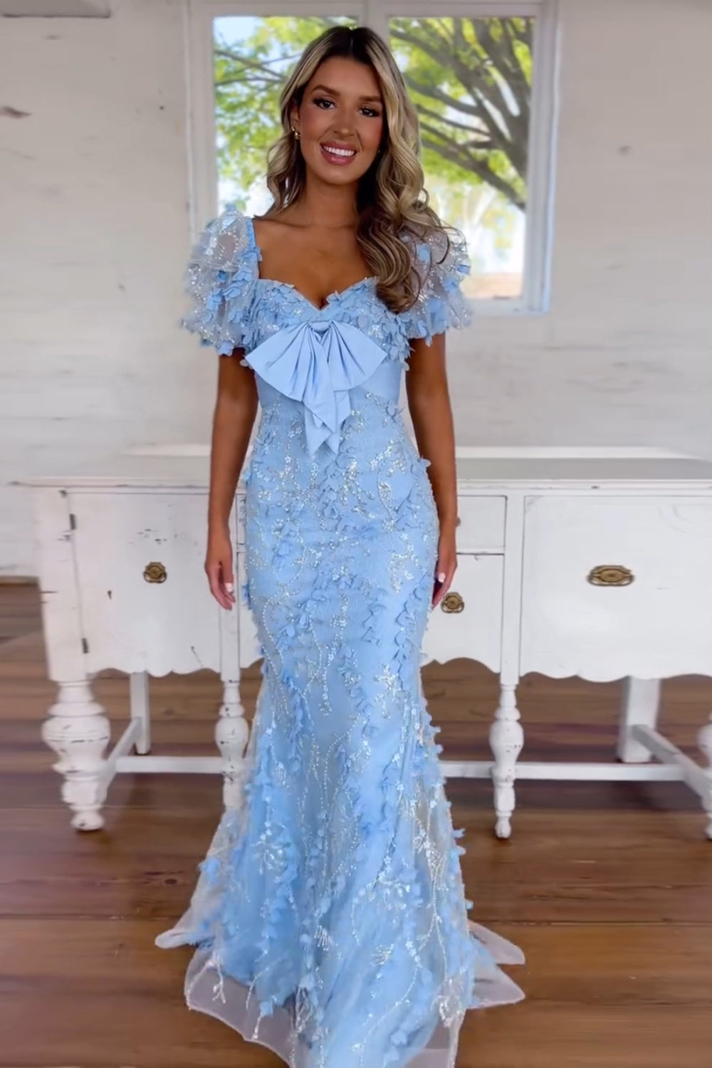 Sparkly  Puff Sleeves Sequins Mermaid Long Corset Prom Dress with 3D Flowers Appliques