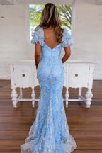 Sparkly  Puff Sleeves Sequins Mermaid Long Corset Prom Dress with 3D Flowers Appliques