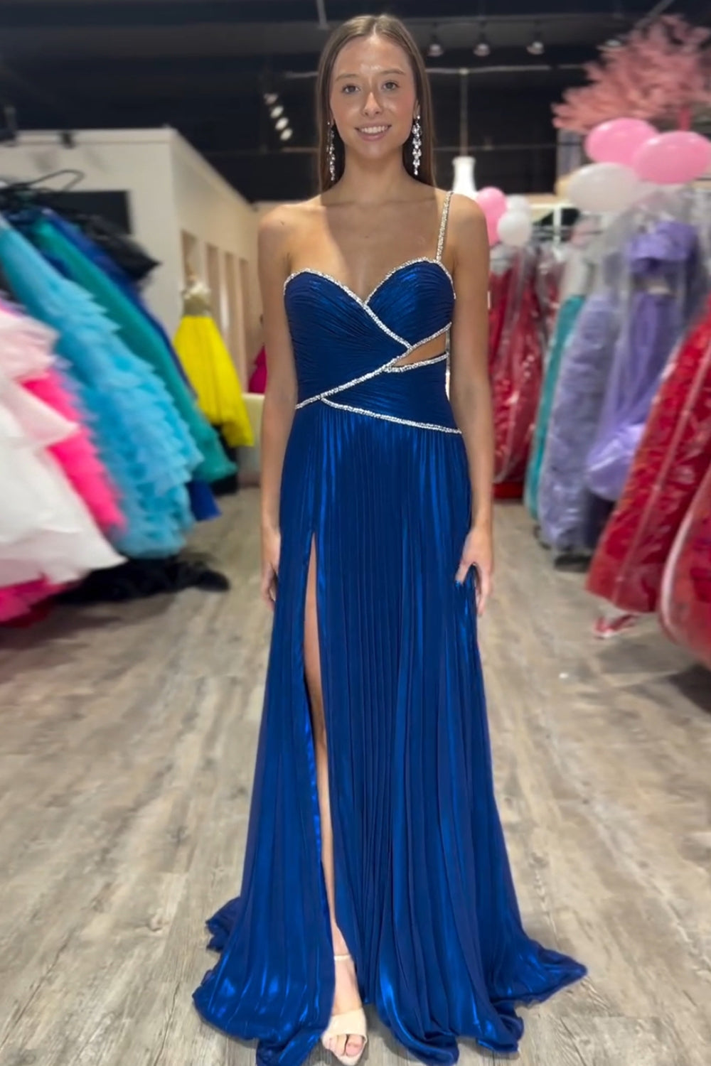 Royal One Shoulder A-Line Metallic Pleated Cut-out Long Prom Dress with Slit