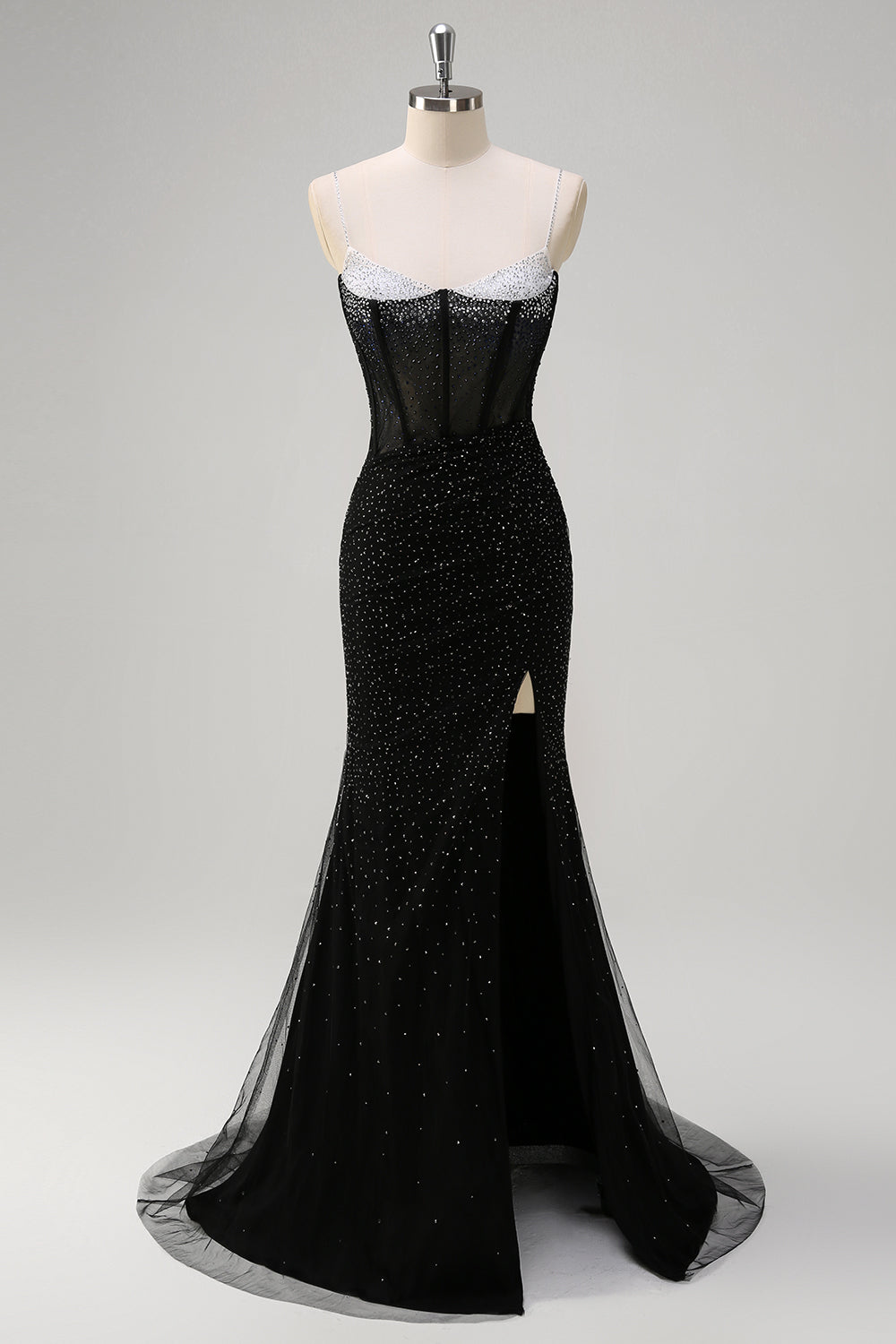 Robe de bal longue sirène à bretelles spaghetti, ornée de perles et fendue, bleu roi pailleté. Entièrement à paillettes et fendue.