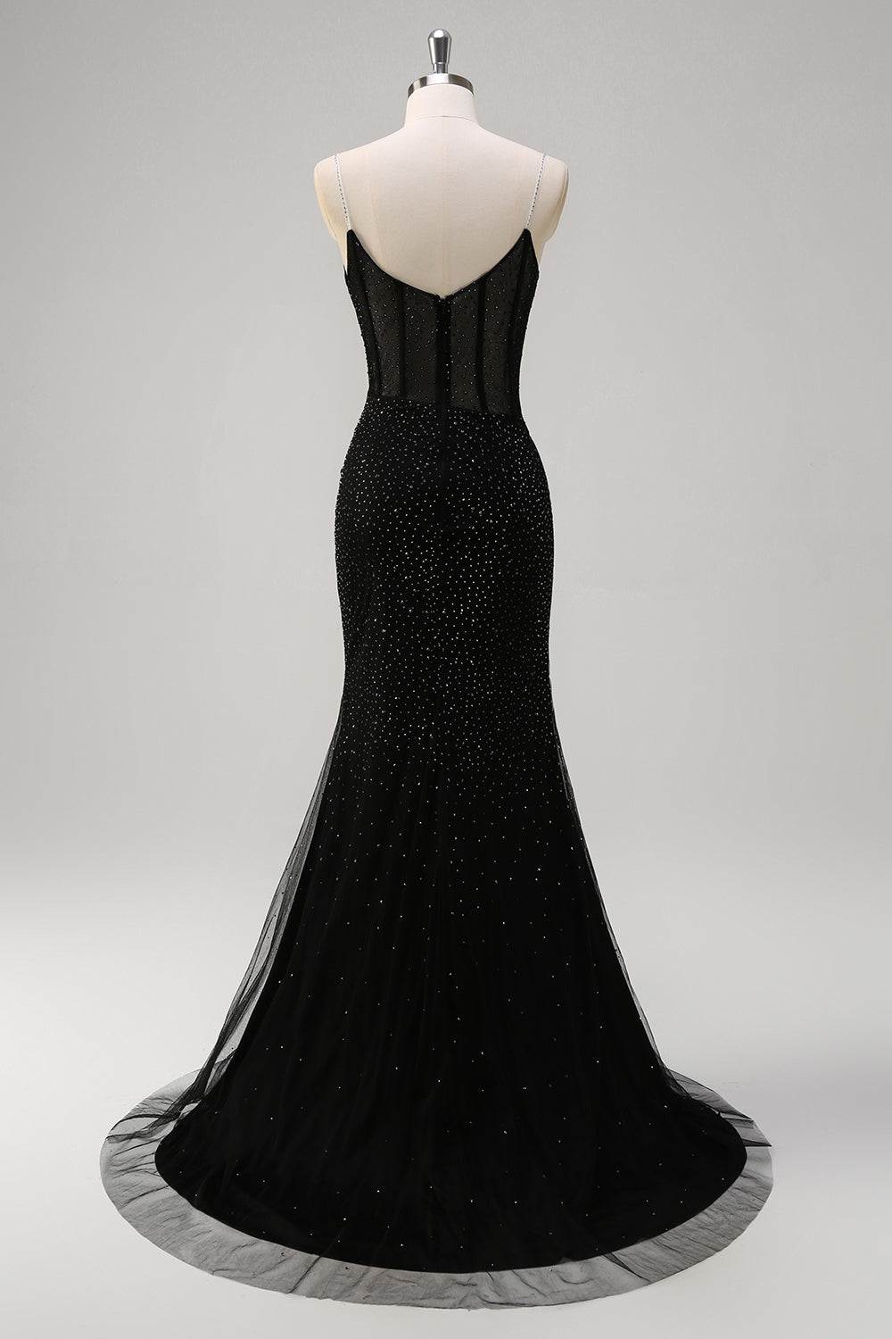 Robe de bal longue sirène à bretelles spaghetti, ornée de perles et fendue, bleu roi pailleté. Entièrement à paillettes et fendue.