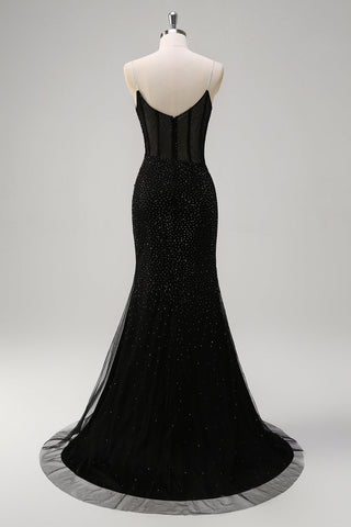 Vestido de fiesta largo de sirena con corsé, tirantes finos, lentejuelas y abertura, color azul real brillante.