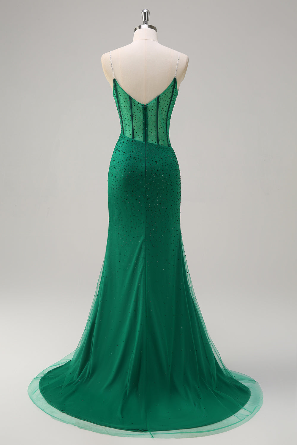 Robe de bal longue sirène à bretelles spaghetti, ornée de perles et fendue, bleu roi pailleté. Entièrement à paillettes et fendue.