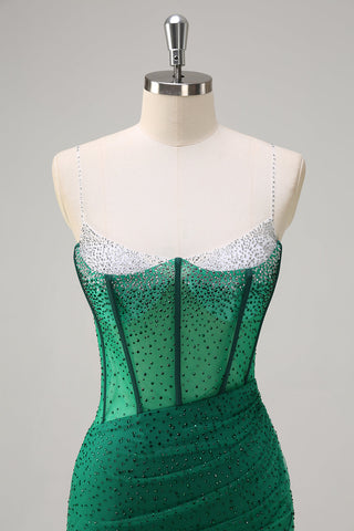 Vestido de fiesta largo de sirena con corsé, tirantes finos, lentejuelas y abertura, color azul real brillante.