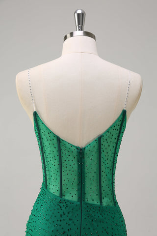 Vestido de fiesta largo de sirena con corsé, tirantes finos, lentejuelas y abertura, color azul real brillante.