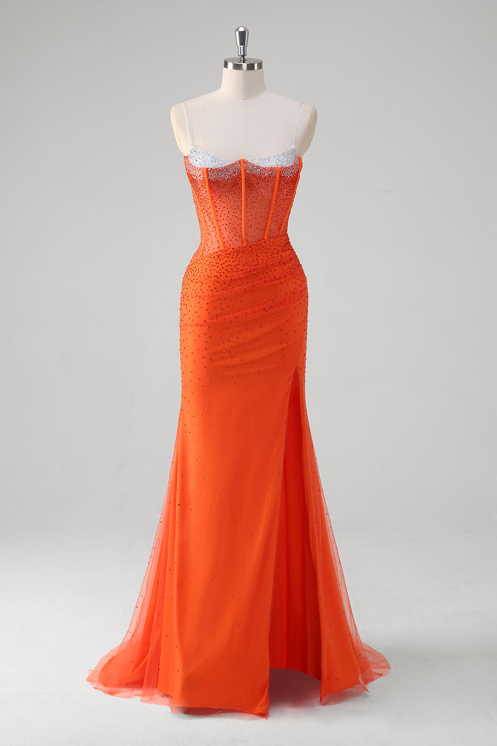 Robe de bal longue sirène à bretelles spaghetti, ornée de perles et fendue, bleu roi pailleté. Entièrement à paillettes et fendue.