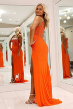 Spaghetti Straps Mermaid Beaded Long Corset Prom Dress with Slit