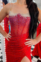 Spaghetti Straps Mermaid Beaded Long Corset Prom Dress with Slit