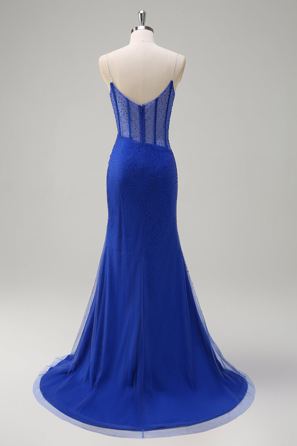Robe de bal longue sirène à bretelles spaghetti, ornée de perles et fendue, bleu roi pailleté. Entièrement à paillettes et fendue.