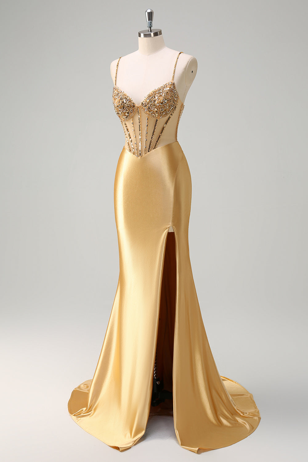 Sparkly Gold Mermaid Spaghetti Straps Satin Long Corset Prom Dress with Slit