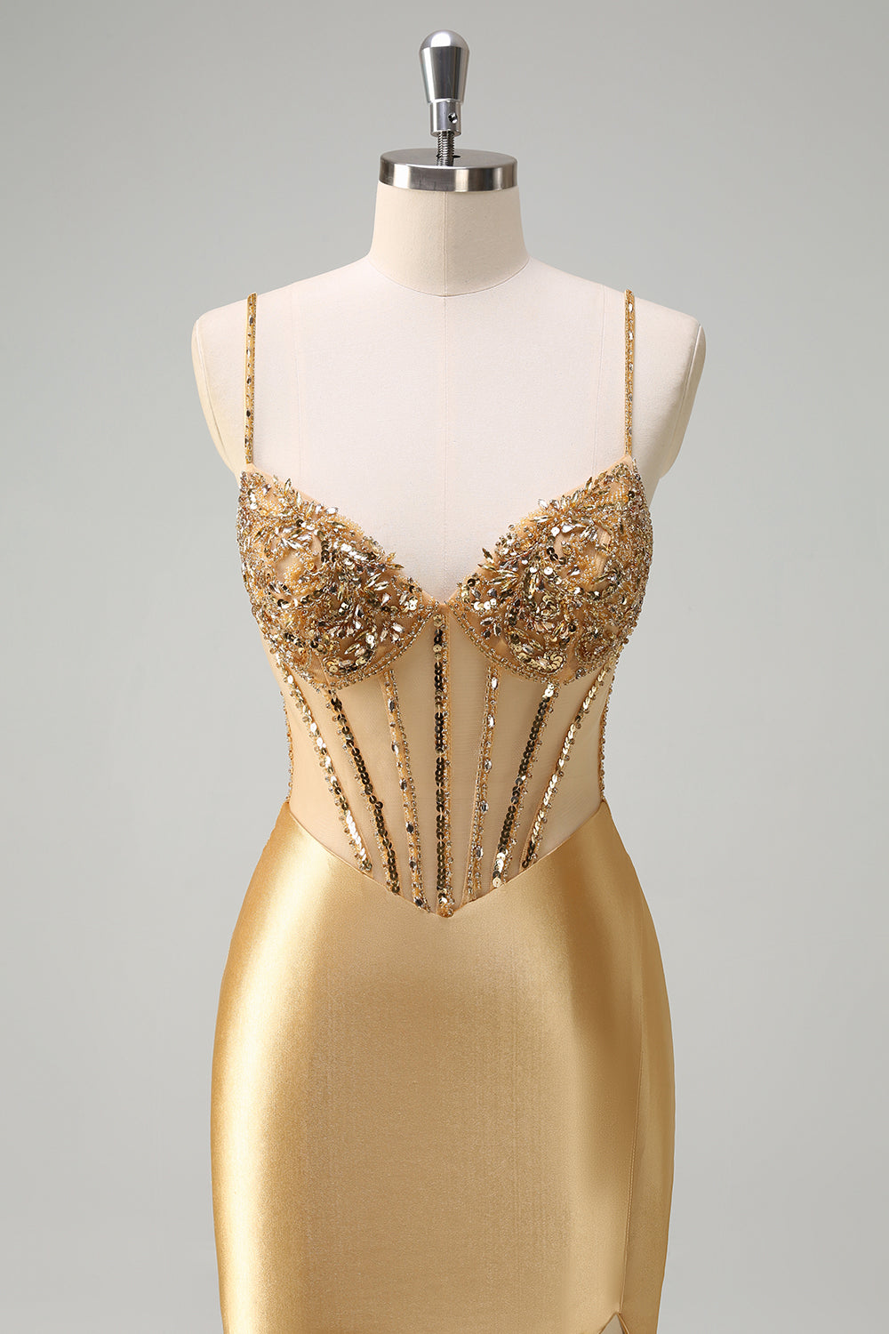 Sparkly Gold Mermaid Spaghetti Straps Satin Long Corset Prom Dress with Slit