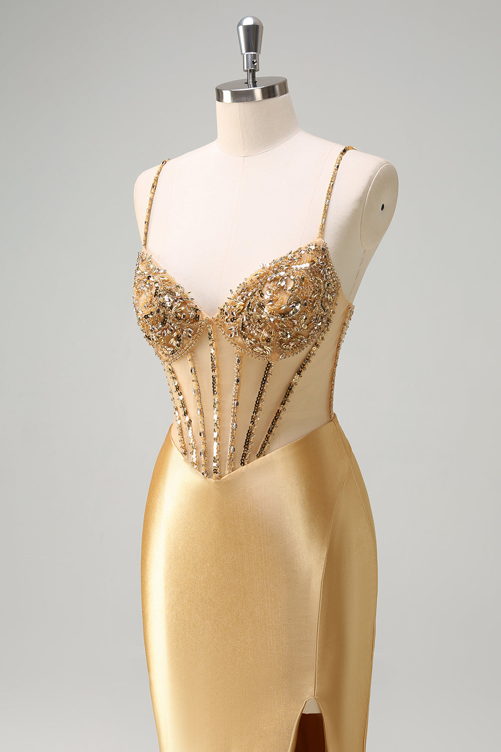 Sparkly Gold Mermaid Spaghetti Straps Satin Long Corset Prom Dress with Slit