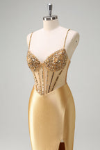 Sparkly Gold Mermaid Spaghetti Straps Satin Long Corset Prom Dress with Slit