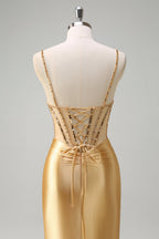 Sparkly Gold Mermaid Spaghetti Straps Satin Long Corset Prom Dress with Slit