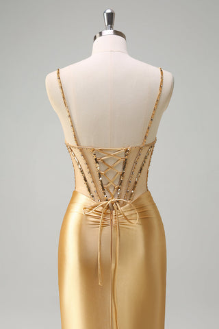 Robe de bal sirène dorée scintillante à fines bretelles spaghetti, longue robe corset en satin avec fente