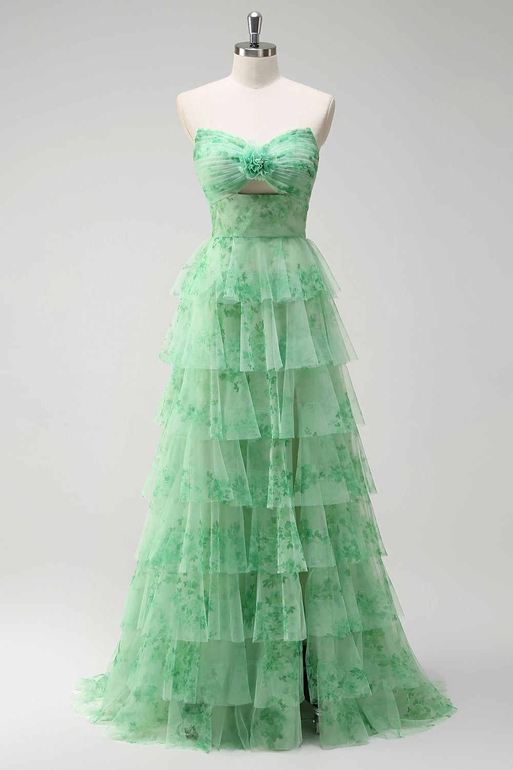 Robe de bal longue en mousseline de tulle vert à imprimé floral, coupe trapèze, avec fente.