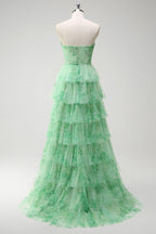 Robe de bal longue en mousseline de tulle vert à imprimé floral, coupe trapèze, avec fente.