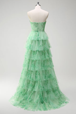 Green Floral A-Line Chiffon Tulle Long Prom Dress with Slit