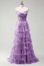 Robe de bal longue en mousseline de tulle vert à imprimé floral, coupe trapèze, avec fente.
